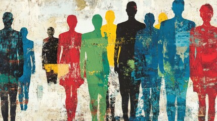 Fototapeta premium Colorful crowd silhouettes on textured background.
