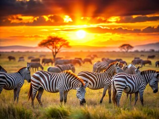 Fototapeta premium Stunning Bokeh Photography: Zebra Herd in African Savanna - Wildlife Photo