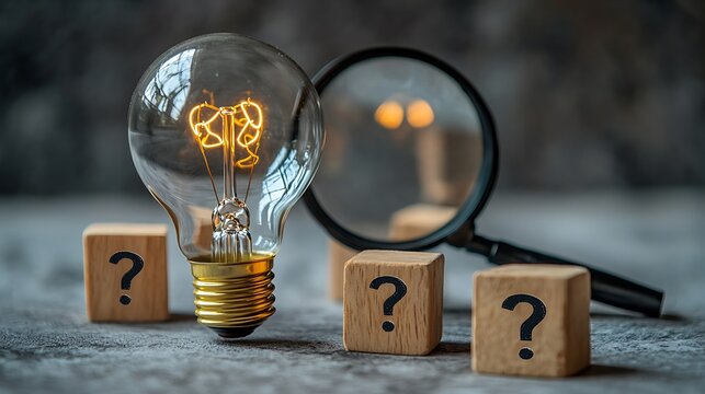 Light bulb icon under a magnifying glass and wood blocks