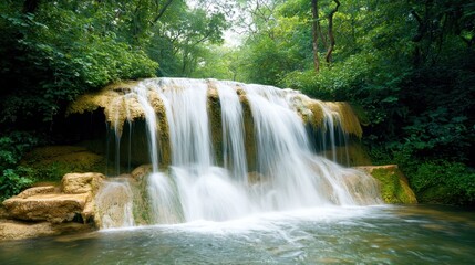 Fototapeta premium Nestled within a vibrant jungle setting, a magnificent waterfall cascades down a moss covered rock face, creating a mesmerizing oasis of tranquility and beauty amidst the lush green foliage.