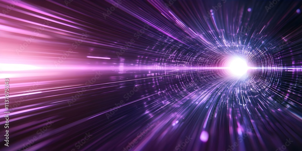Poster a vibrant, abstract depiction of light beams and particles moving rapidly through a tunnel-like spac