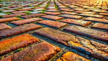 Obraz premium Macro Brick Pavement Texture Photography: Close-up Detail Shots of Aged Brick Road Surface