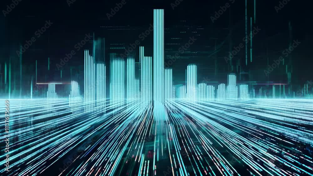 Poster visual representation of digital wave patterns in a futuristic city landscape with glowing skyscrape