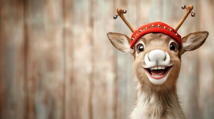 A cheerful Christmas reindeer wearing a red cap with jingle bells on the end, a big smile on its face, and a comical expression that brings joy to everyone who sees it.