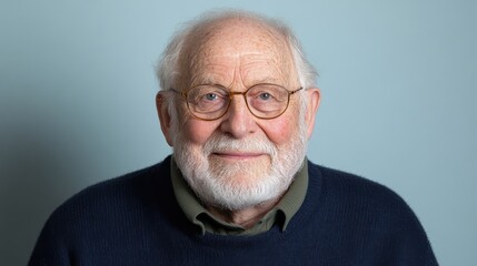 Fototapeta premium With a warm smile, an elderly man with a white beard exudes wisdom and friendly charm against a soft blue background, characterized by joy and contentment.