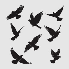 Set of pigeon silhouette, flying dove vector silhouette. Pigeon on a white background, vector silhouette design of a flying dove.