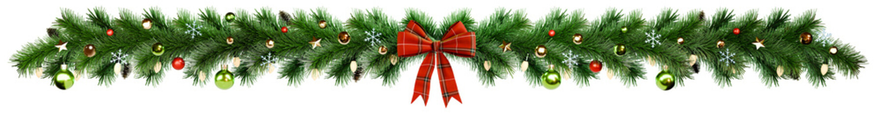 Long Christmas garland with decorative bow, baubles, pine cones, lights and ornaments. Transparency, 3D render, PNG.