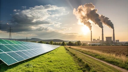 Contrast between renewable energy source and fossil fuel power generation at sunset in an agricultural landscape