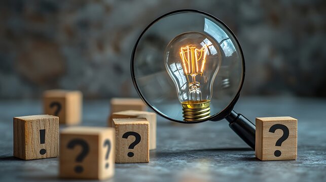 Light bulb icon under a magnifying glass and wood blocks