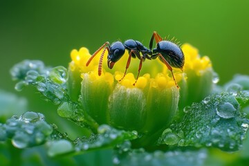 Naklejka premium Black ant crawling on a green leaf, macro, insect, nature, close-up, wildlife, bugs, small, wildlife, outdoors, garden, foliage. Beautiful simple AI generated image