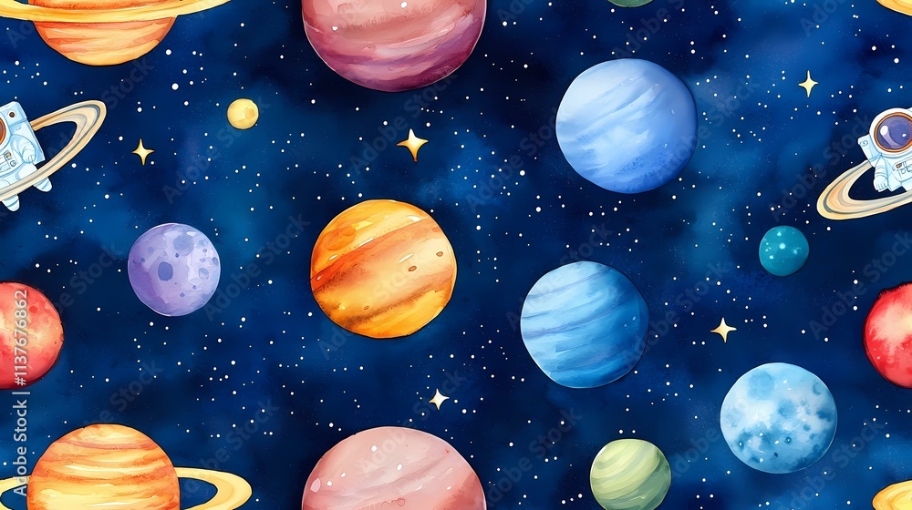 Poster the image contains a seamless pattern of planets, stars, and astronauts in space.
