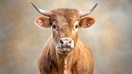 Naklejka premium The portrait of a mature bull showcases its muscular build, thick fur, and strong horns, conveying a sense of power and dominance.
