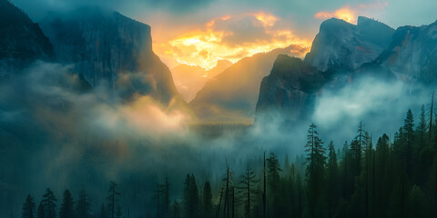 Fototapeta premium Sunrise or sunset over a beautiful mountain valley with trees in fog, showcasing early spring or autumn colors. Perfect for screensavers or interior design.