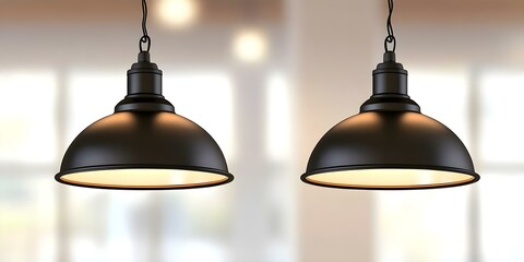 Obraz premium Two black industrial-style pendant lamps hanging from a ceiling, featuring a smooth dome design and warm interior lighting. Concept Industrial Pendant Lamps, Smooth Dome Design