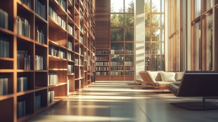 Modern library or bookstore interior with Learning and coworking space,relax zone,Library with rows of bookshelves arranged,school,university,shared desk and chairs,panoramic window.