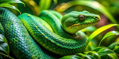 Obraz premium Macro Green Snake in Tree - Close-up Photography, Nature, Reptile, Wildlife, Green Snake, Tree, Leaves, Branch, Scales, Detail, Vivid, Lush, Forest, Jungle