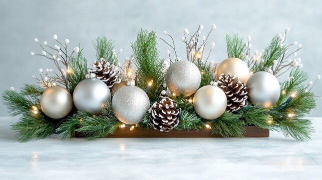 A sophisticated and harmonious display of rich silver and crisp white Christmas decor, featuring sparkling ornaments, twinkling lights, and lush greenery
