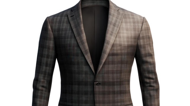 Elegant plaid suit jacket displayed against a neutral background showcasing fine tailoring and design for formal occasions.