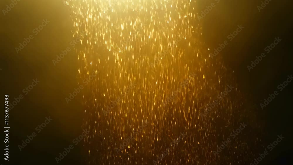 Poster golden liquid pours gracefully from above, creating sparkling droplets in a dark setting