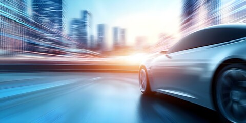 A sleek car driving quickly through a cityscape, with a blurred background suggesting high speed and motion. Concept Sleek Car Design, Urban Cityscape, Motion Blur Effects, High-Speed Sensation