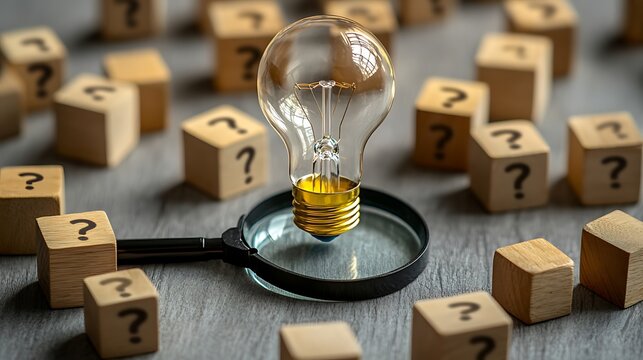 Light bulb icon under a magnifying glass and wood blocks