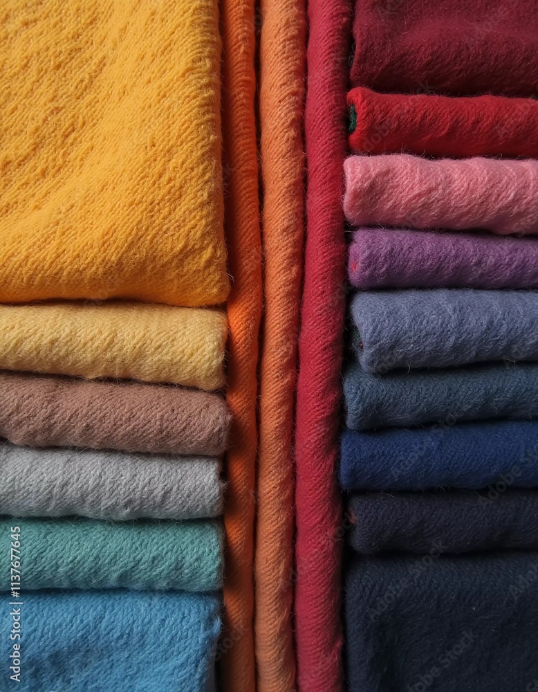 Poster various samples of woolen fabric in different colors are neatly organized, showcasing a vibrant pale