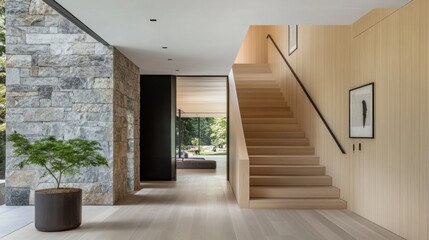 Modern Home Interior: Elegant Staircase and Stone Wall