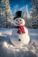 Obraz premium Cheerful snowman with red scarf and top hat in a snowy forest