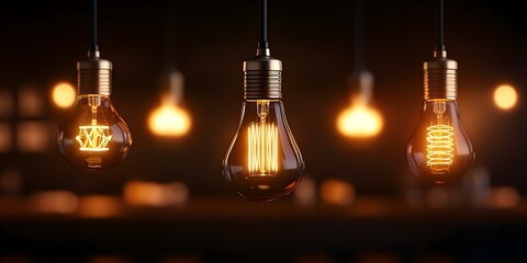 Obraz premium The image features several hanging light bulbs with different filament designs, glowing softly in a dark background. Concept Hanging Light Bulbs, Unique Filament Designs, Soft Glow, Dark Background