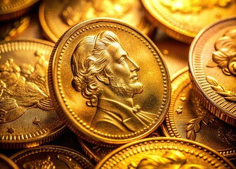 Macro Photography: American Gold Coins Detail, Close-up, Numismatic,  Ancient Coins,  High Resolution, Golden Treasure,  Wealth, Currency,  Vintage Coins,  Metal Texture