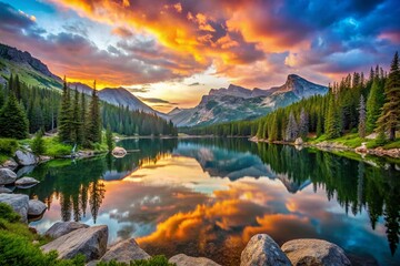 Stunning Lake Haiyaha Panorama: Breathtaking Aerial View, Serene Landscape Photography - obrazy, fototapety, plakaty