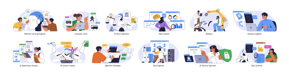 AI professions set. Artificial intelligence workers, machine learning, software engineers, digital data analyst, robotics specialists, scientists. Flat vector illustration isolated on white background