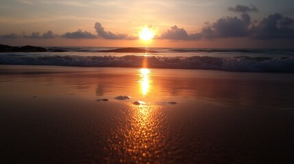 Naklejka premium Sunset reflections on a serene beach with gentle waves during golden hour