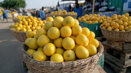 A colorful display of citrus fruits, with baskets of lemons neatly arranged at a bustling market, exuding freshness and vibrancy.