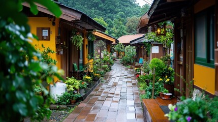 Serene Garden Pathway Through Colorful Houses in a Quiet Village