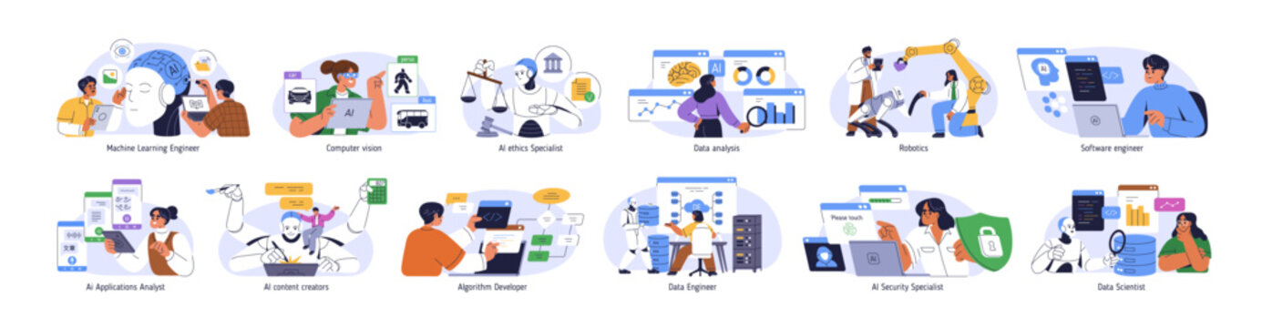 AI professions set. Artificial intelligence workers, machine learning, software engineers, digital data analyst, robotics specialists, scientists. Flat vector illustration isolated on white background