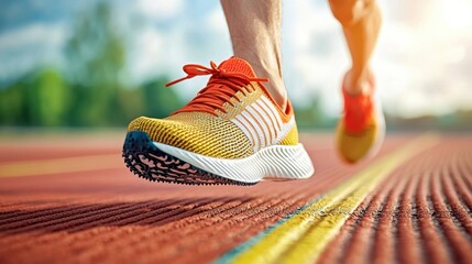 The camera zooms in on a pair of sleek, aerodynamic sport shoes as they propel a runner forward with each powerful stride on the vibrant track.