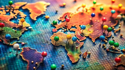 Obraz premium Macro Photography: Digital Push Pin Map, Close Up Detail, Map Pins, Navigation, Location, Geographic, Pinpoint, World Map, Travel, Adventure, Exploration, Journey