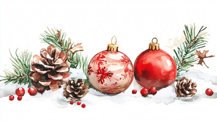 Christmas Ornaments, Pine Cones, and Berries on Snowy Surface