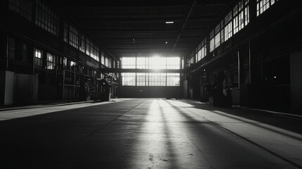 Obraz premium Sunlit industrial interior; shadows, large windows, empty floor.