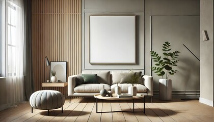 Fototapeta premium Modern Elegance with Sleek Gray Sofa and Geometric Wall Art