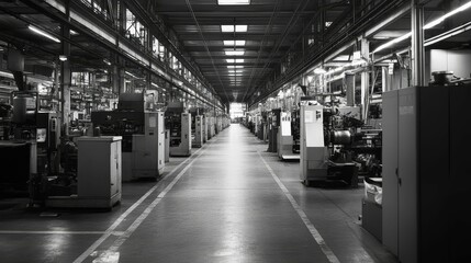 Obraz premium Factory interior: rows of machinery, long floor, industrial.