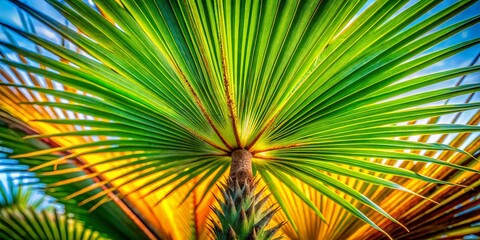 Fototapeta premium Macro Photography: European Palm Tree Details, Close-Up Shots of Palm Leaves, Mediterranean Palm Fronds, Exotic European Plants, Detailed Palm Tree Textures