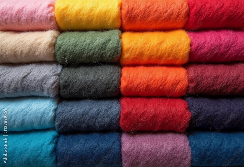Poster various samples of woolen fabric in different colors are neatly organized, showcasing a vibrant pale