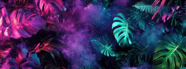 A background of glowing monstera leaves and ferns in vibrant neon pink, green, and purple hues, framed by soft neon outlines and smoke