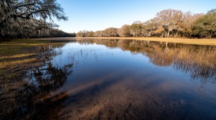 Serene wetland scene at dawn with still waters reflecting trees and a pale sky, capturing nature&rsquo;s calm and the start of a new day.