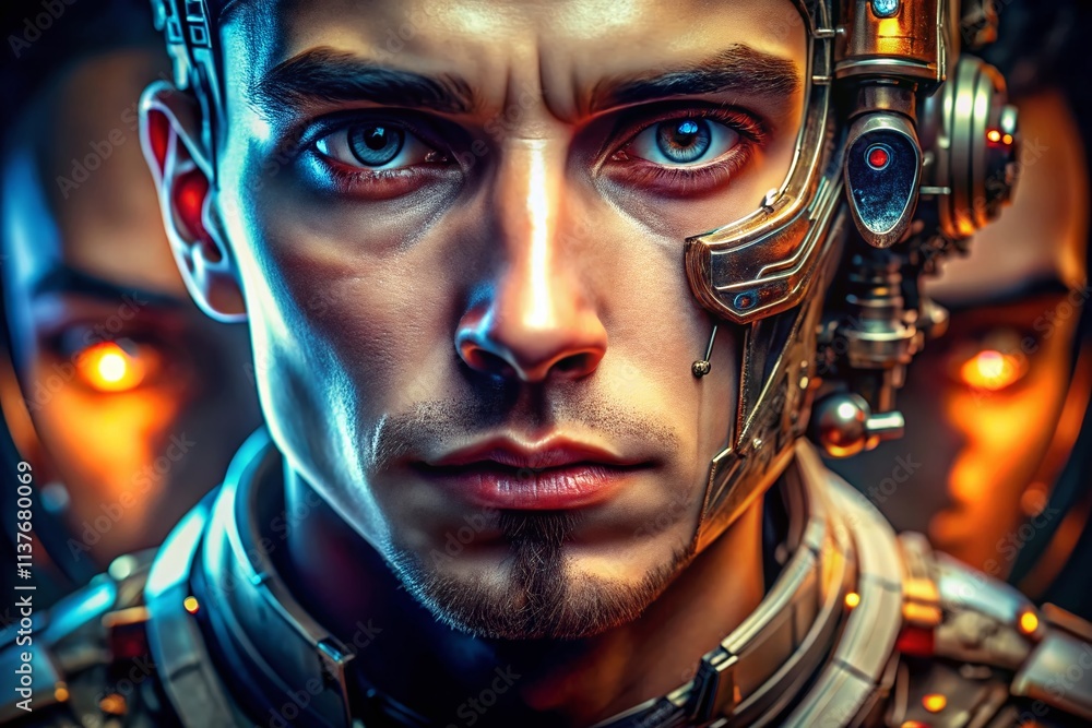 Poster macro photography: humanoid robot and human face to face close up - ai generated image