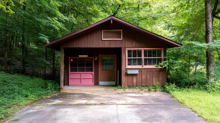Cozy Cabin Surrounded by Green Trees and Nature in Tranquil Setting