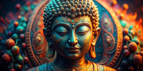 Fototapeta premium Macro Photography: Modern Digital Buddha Statues, Close-up Details, Intricate Carvings, Peaceful Serenity, Asian Art, Spiritual Iconography, Buddhist Sculpture, Religious Art, Detailed Texture