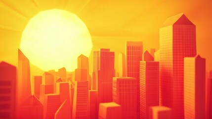 Fototapeta premium Vibrant Cityscape with Glowing Orange Sunset Sky and Skyscrapers